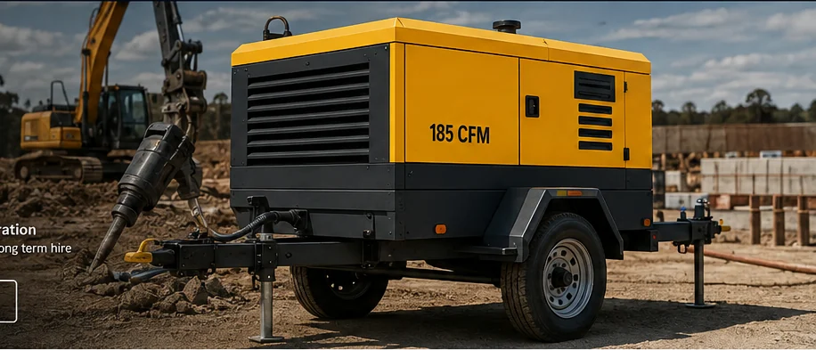 Generated illustration of a towable air compressor on a construction site